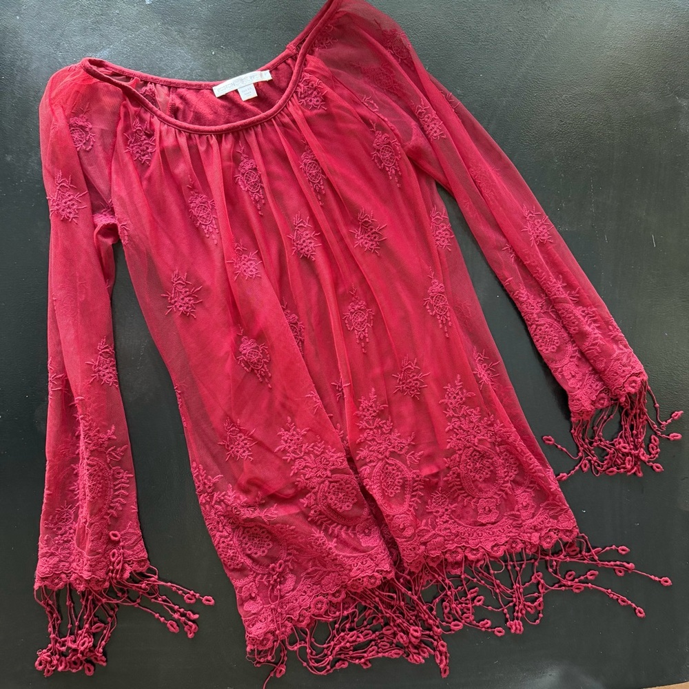 Boston Proper Red Sheer Overlay Tunic Bell Sleeve Boho Whimsigoth Romantic XS - Picture 4 of 12